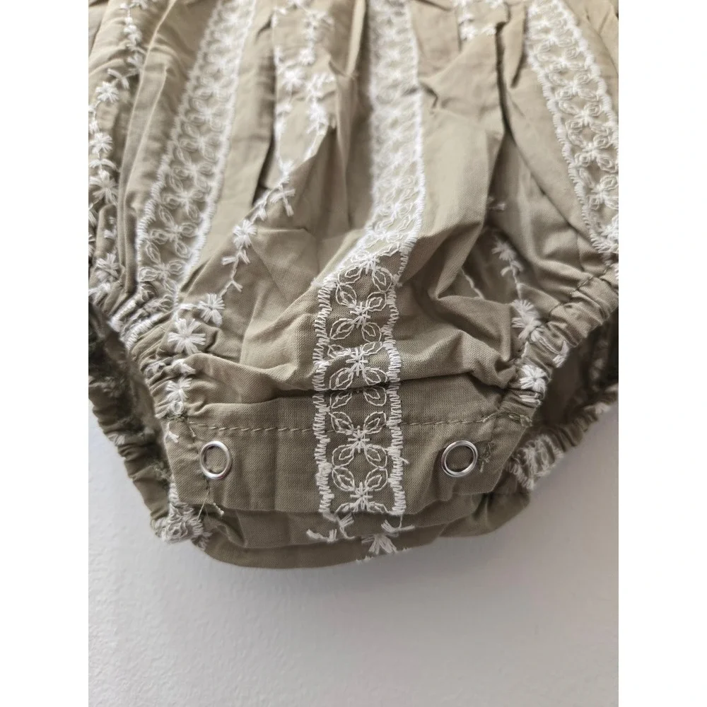 Ryan & Remi Baby Girl Olive Green Embroidered Puff‎ Sleeve Romper Onesie